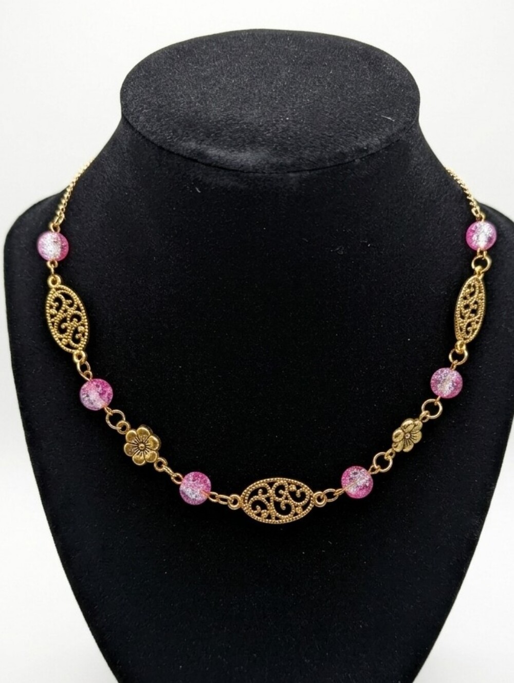 Vintage Gold Tone Filigree & Pink Crackle Glass Bead Necklace | Floral Accents